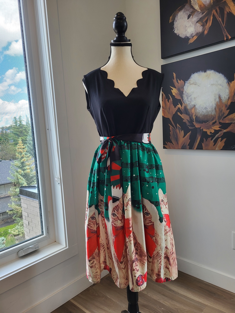 Christmas Cat Print Fit-and-Flare Dress